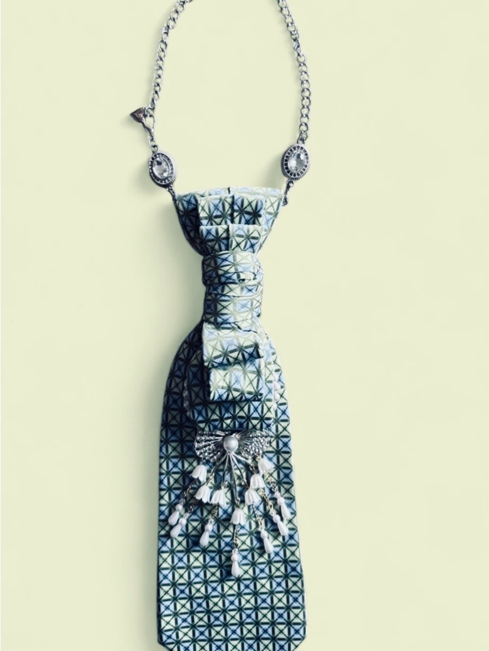 Geometric Green Blue Tie Necklace with Pearl Fringe Boho Chic Festival Vibes - Picture 2 of 4